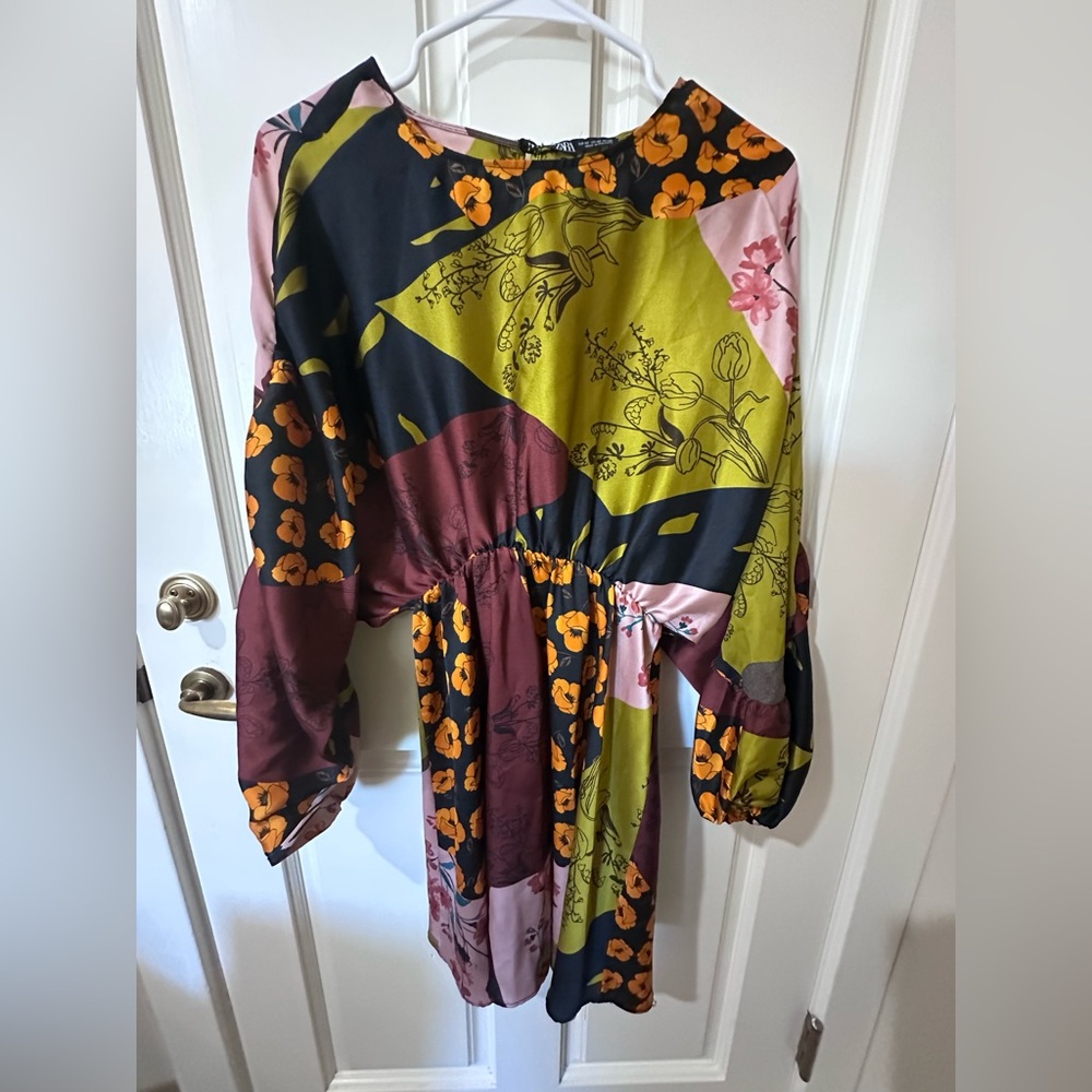 ZARA Floral Satin Patchwork Dress Dolan Long-Sleeve XS